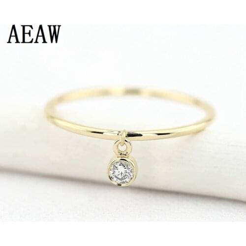14k Yellow Gold Thin Ring with a 0.10ctw Round White Diamond Dangling Charm Ring Classic Girl gift Women Hot Selling