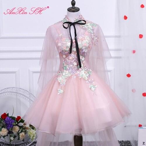 AXJFU Korean short princess pink evening dress fluffy princess sweet fashion pink flower black bow with lace Shawl evening dress