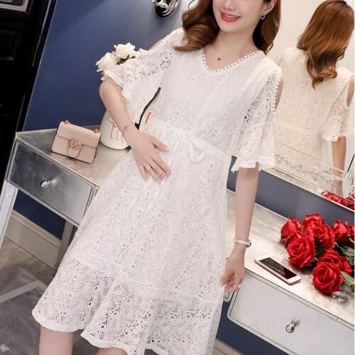 2020 Summer pregnant women Lace dress fashion off shoulder v-neck hollow out lace knee-length maternity dress