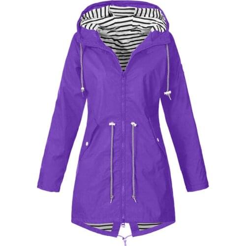 Trendy Women clothes Waterproof Raincoat Ladies Polyester outerwear zipper striped pocket Hooded long sleeve Coat one pieces