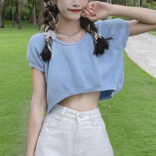 New Summer Women Loose Knitted T-shirt Round Collar Short Solid color Female Thin Short-Sleeved Expose Navel Tops JIUY1