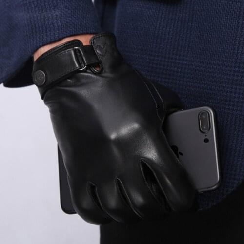 NEW Genuine Leather Gloves Male Winter Keep Warm Plush Lined Sheepskin Gloves Fashion Black Wrist Buckle Driving Mittens NM182