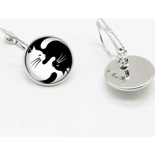 New cute black and white cat yin and yang popular crystal glass ear hook earrings jewelry