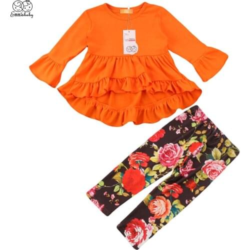 New Lovely kid clothes set Infant Kid Baby Girl long sleeve yellow T-shirt dress Floral long print Pants girl Outfit Set Clothes