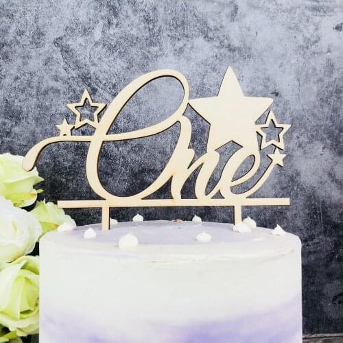 ONE Happy Birthday Party Color Wood Cake Topper with Little Stars Baby Cake Topper Boy/Girl First Birthday Topper Decor Supplies