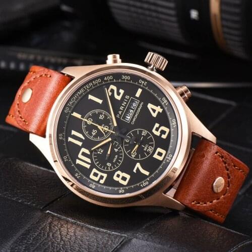 Parnis 43mm Quartz Men Watch Analogue Chronograph Military Pilot Watch Diving Watch 100m Waterproof Calendar Wristwatch Mens