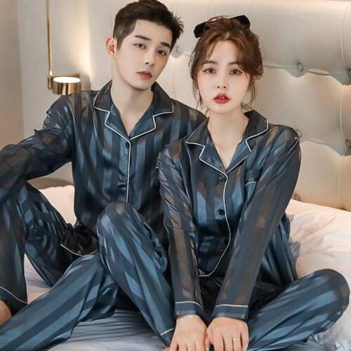 Spring autumn Sleepwear Womens Couple Pajamas Women Satin Pyjama Woman Long Sleeve Silk Pyjama Set Home Suit Men Pijamas Set