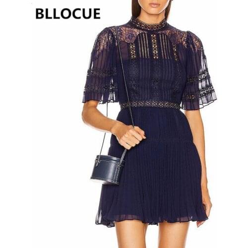 BLLOCUE 2020 Summer Self-Portrait Navy Blue Pleated Mini Dress Women Hollow Out Lace Splice Chiffon Vacation Dress