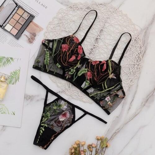Sexy Erotic Lingerie Set Bra Floral Embroidery Sleeveless Backless + G-String Black Transparent Underwear Women Bielizna Damska