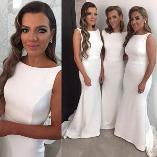 Chic Long Mermaid Plus Size White Satin Mermaid Wedding Wear Bridesmaid Dresses 2021