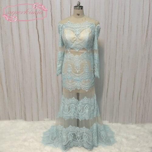 SuperKimJo Vestidos De Fiesta Lace Applique Mermaid Evening Dresses Long Sleeve Blue Elegant Cheap Formal Party Dresses 2022