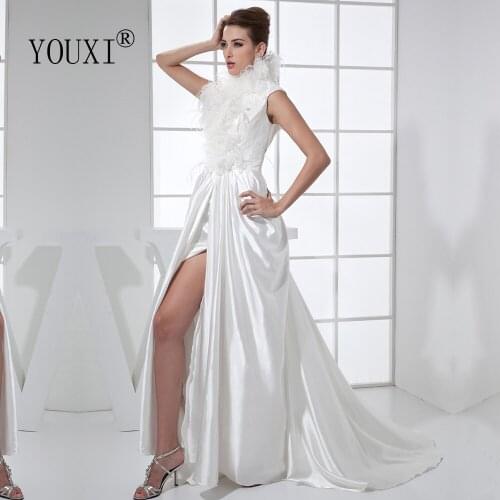 Gorgeous Prom Dresses Long 2020 Sexy Split High Neck Elastic Satin Lace Feather Hollow Back Vestido de Festa