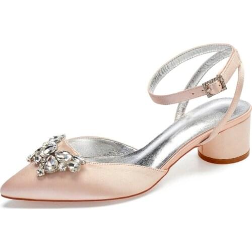 Pointed toe 3D butterfly crystal brooch satin lady evening dress shoes sandals slingback thick block heels bridal wedding prom