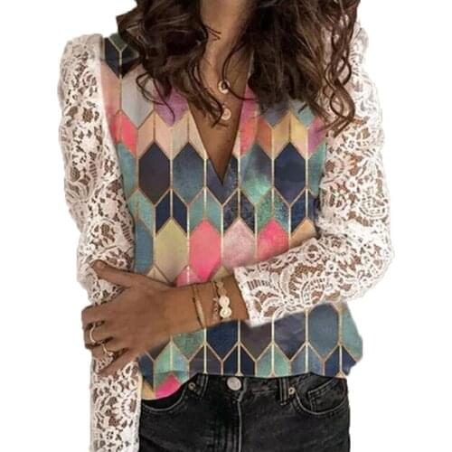 Womens Long Sleeve Top V-Neck Shirt Harajuku Fashion Plus Size Blouse Printed Lace Bottoming Shirts Spring Autumn Retro Blouses
