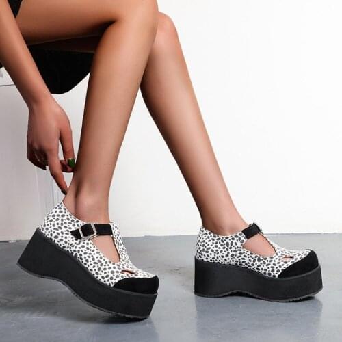 Roman Womens Mid Chunky Creepers Heel Platform Shoes Leopard Pattern T-Strap Sandals Casual Gothic Oxfords Retro Plus Size
