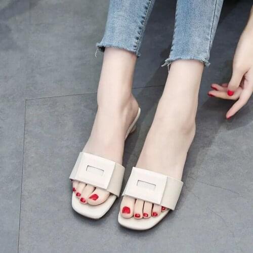 New Fashion Square Buckle Womens Sandals Thick Heel Flip Flops Mid-heel Slippers 2021 Womens Casual Shoes With Wedge Heels