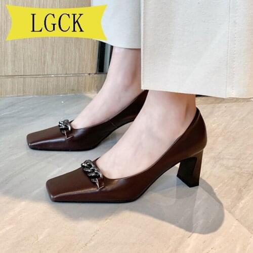 Big Size 34-40 Brand Design Metal Decoration Women Pumps Square Toe Slip on Work Shoes Low Heel Spring Autumn Party Wedding Shoe