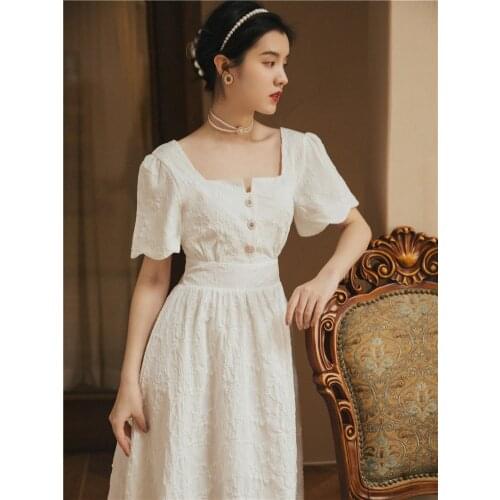 Summer White Dress Women 2021 New French Retro Embossed Embossed Fashion Chic Wave Short Sleeve Elegant Square Neck Vestido
