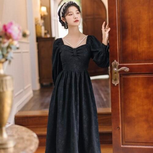 Dress Fashion Party Elegant Evening Dresses Beaded Design Square Neck Chic Sexy Dress Womens Black Retro Jacquard Midi Dress