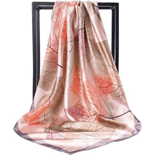 2019 Fashion Kerchief Silk Satin Hijab Scarf For Women Leaves Print Shawl Bag Scarf 90*90cm Square Shawls and Wraps Neck Scarves