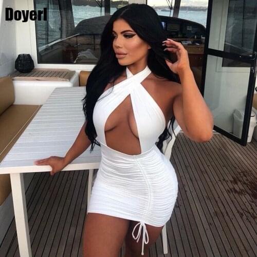 White Halter Bandage Dress 2021 Hollow Out Drawstring Summer Bodycon Mini Dress Club Outfits for Women Backless Sexy Party Dress