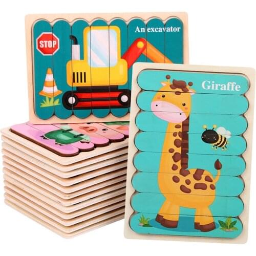 Animals 3D Wooden Puzzles For Kids Ages 2-5 Double-sided Strip Puzzle Montessori Educational Wooden Toys Educational Puzzles