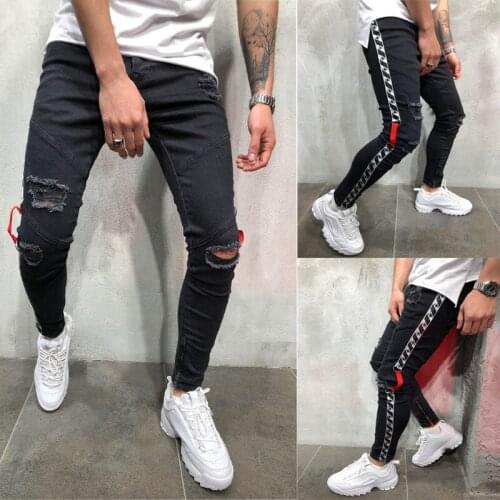2019 Hip Hop Side Ribbons Jeans Sweatpants Skinny Motorcycle Denim Pants Leg Zipper Black Pencil Jeans Men Fashion Jean Trousers