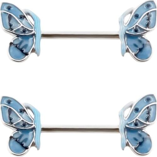 JHJT 2PCS Nipple Rings Butterfly 316L Surgical Steel Shied Barbell Piercing Rings Sexy Women Nipple Rings Body Jewelry Ring 14G