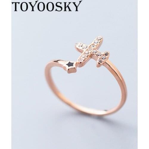 Real 925 Sterling Silver Airplane Star Rings with Stones CZ Zircon Adjustable Travel Trip Jewelry Unique Design
