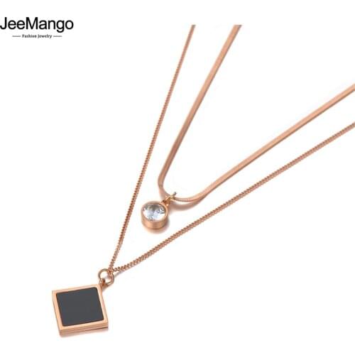 JeeMango Trendy Acrylic Square Pendant Necklace For Women Stainless Steel Double Layer CZ Crystal Chain Choker Necklace JN20135