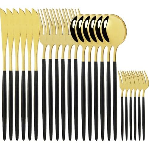 24Pcs Black Gold Dinnerware Set Stainless Steel Flatware Knife Fork Spoon Cutlery Set Tableware Silverware Set Dropshipping
