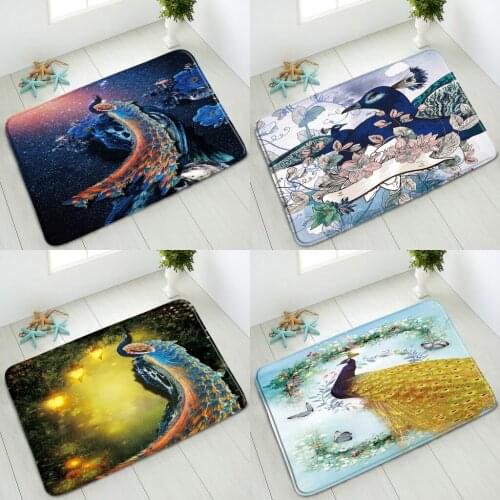 Peacocks Non-Slip Bathroom Mat Animal Flamingo Zebra Flower Green Leaves Plant Bedroom Kitchen Doormat Absorbent Carpet Washable