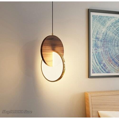 Nordic Walnut Round Wood Led Pendant Lights Villa Bedroom Bedside Loft Decor Wooden Hanging Lamp Living Room Lighting Fixtures