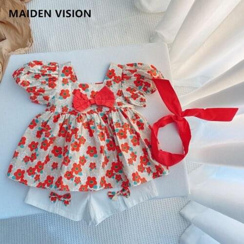 2021 Summer New Girls Fashion 2 Pieces Suit Cute Bow set puff sleeve Floral shirt shorts Kids Clothes Girl Set Baby girls outfit