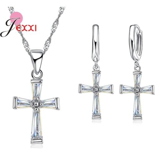 New Statement Shine Shimmer Austrian Crystal Classic Cross Design Jewelry Set Pendant Necklaces Drop Earrings Korean Trend Joyas