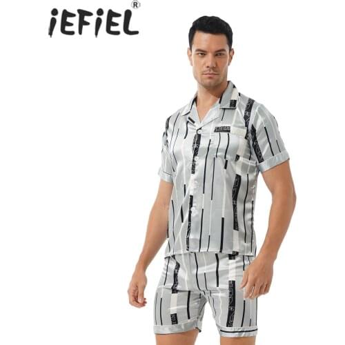 Men Striped Print Satin Pajama Set Sleepwear Loungewear Button Short Sleeve Casual Shirts Tops with Stretchy Casual Shorts