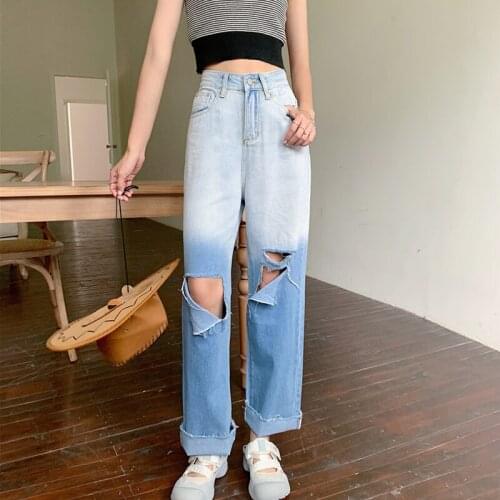 Plus Size Wide Leg Jeans Women High Waist Straight Gradient Loose Denim Pants Fall Holes Jean Trousers Mom P009
