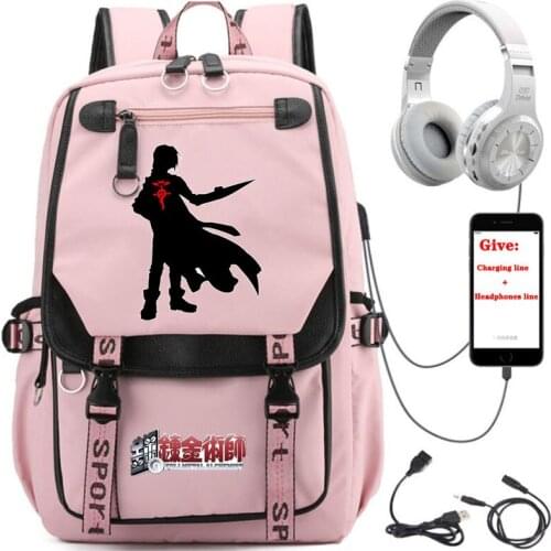 USB Charging teenagers Laptop packsack anime Fullmetal Alchemist backpack student School book Bag Women men Travel Backpack
