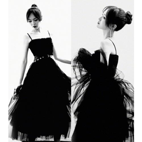With star New detective the black gauze dress flavor cake suspenders sexy dress female