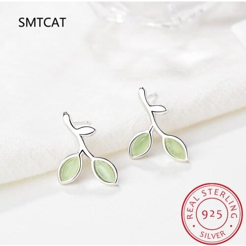 100% 925 Sterling Silver Green Opal Leaves Buds Stud Earrings For Women Prevent Allergy Fine Jewelry Boucle d'oreille