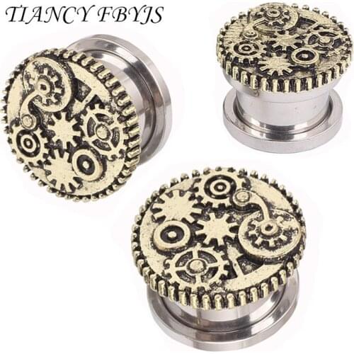 Stainless steel gear Screw Flesh Tunnel Ear Plug Double Flared Steel Metal Stretcher 5-16mm piercing body jewelry