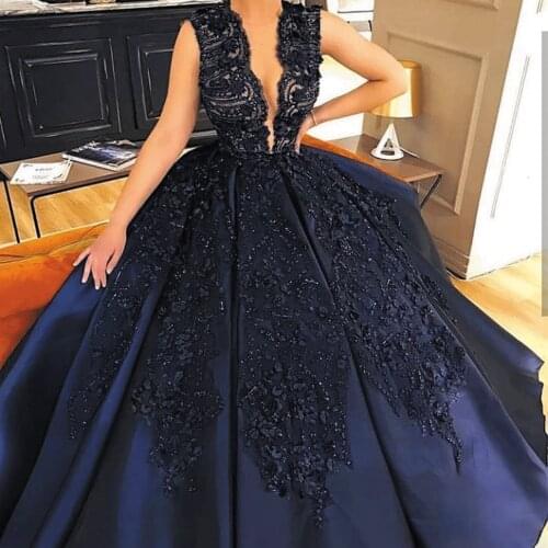 SuperKimJo Navy Blue Lace Applique Prom Dresses Beaded V Neck Modest Elegant Prom Gown Ball Gown Vestidos De Gala