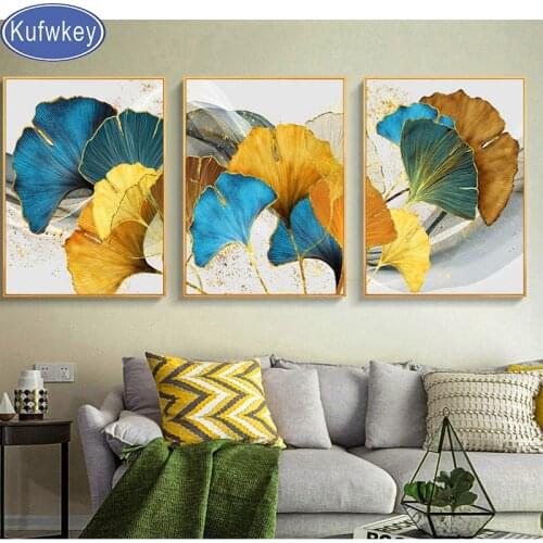 Triptych Diamond Painting“Ginkgo Leaves”Picture of Rhinestones Full Roun Embroidery 3 Piece diamond mosaic Cross Stitch Wall Art