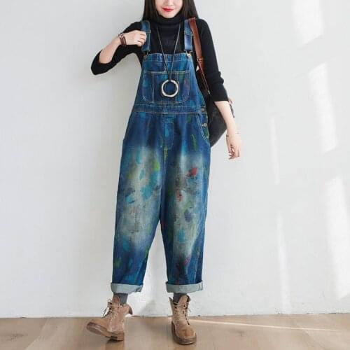 Womens Casual Printing Denim Jumpsuit Pants Ladies Wide Leg Playsuit Overalls
