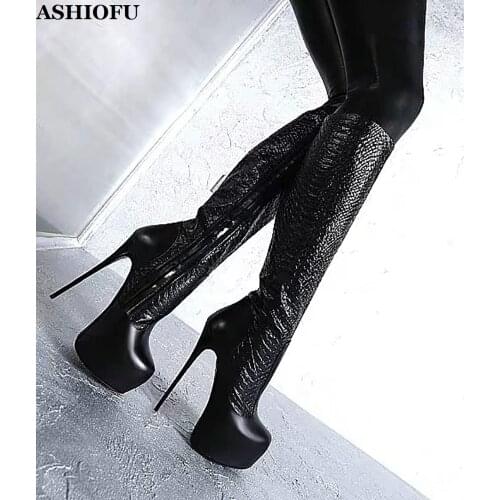 ASHIOFU Handmade Womens High Heel Boots Sexy Platform Night-club Knee Boots Faux-leather Classic Evening Dance Fashion Boots