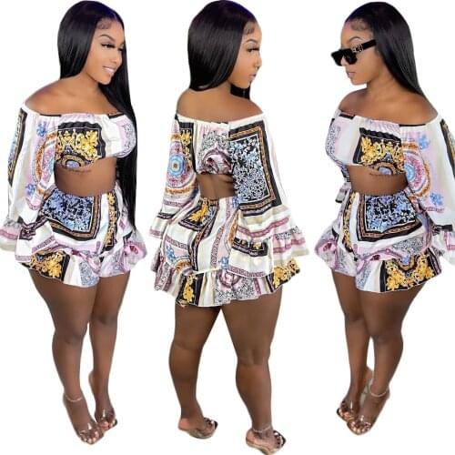 2021 Summer Casual Fashion Women Slim Street Sexy Elegant Print With One-Line Collar And Flared SleevesTwo piece Sets