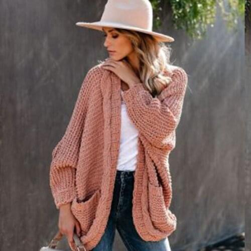 2020 Fall Winter Fashion Oversized Cardigans Women with Pockets Solid Pink Plus Size Loose Knitted Coats Ladies Warm Cardigans