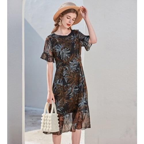 Leaves print black silk floral maxi dress women 2020 summer long work boho beach office sexy party luxury dresses plus size