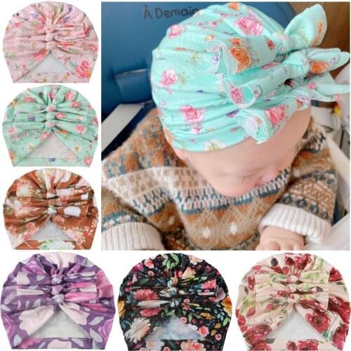 6Pcs/Lot Flower Print Cotton Folded Hats for Baby Boy Girls 18cm*17cm Fashion Turban Cap Newborn Beanies Kids Headwraps