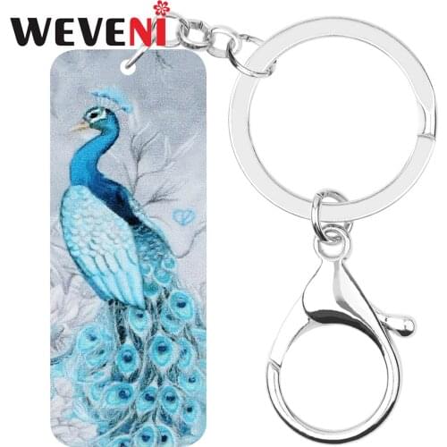 WEVENI Acrylic Blue Rectangle Peapock Peafowls Keychains Long Animal Keyring Jewelry For Women Girls Charm Wallet Bag Decoration